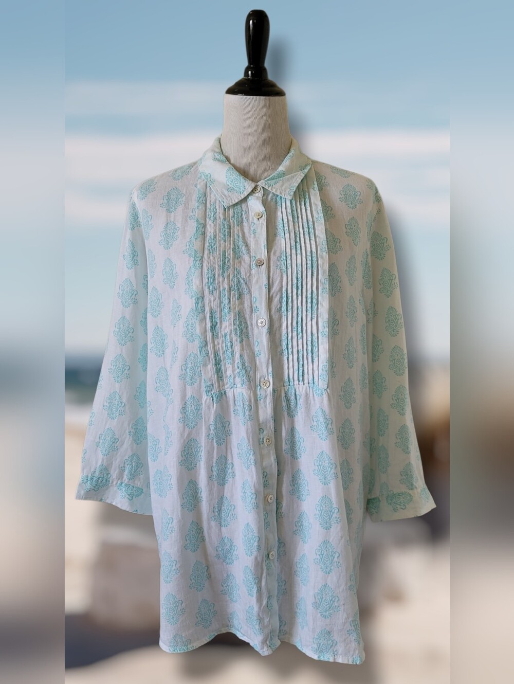 J. Jill XL Linen Pintuck Pleat Tunic Shirt Aqua Blue Damask 3/4 Sleeve Turquoise
